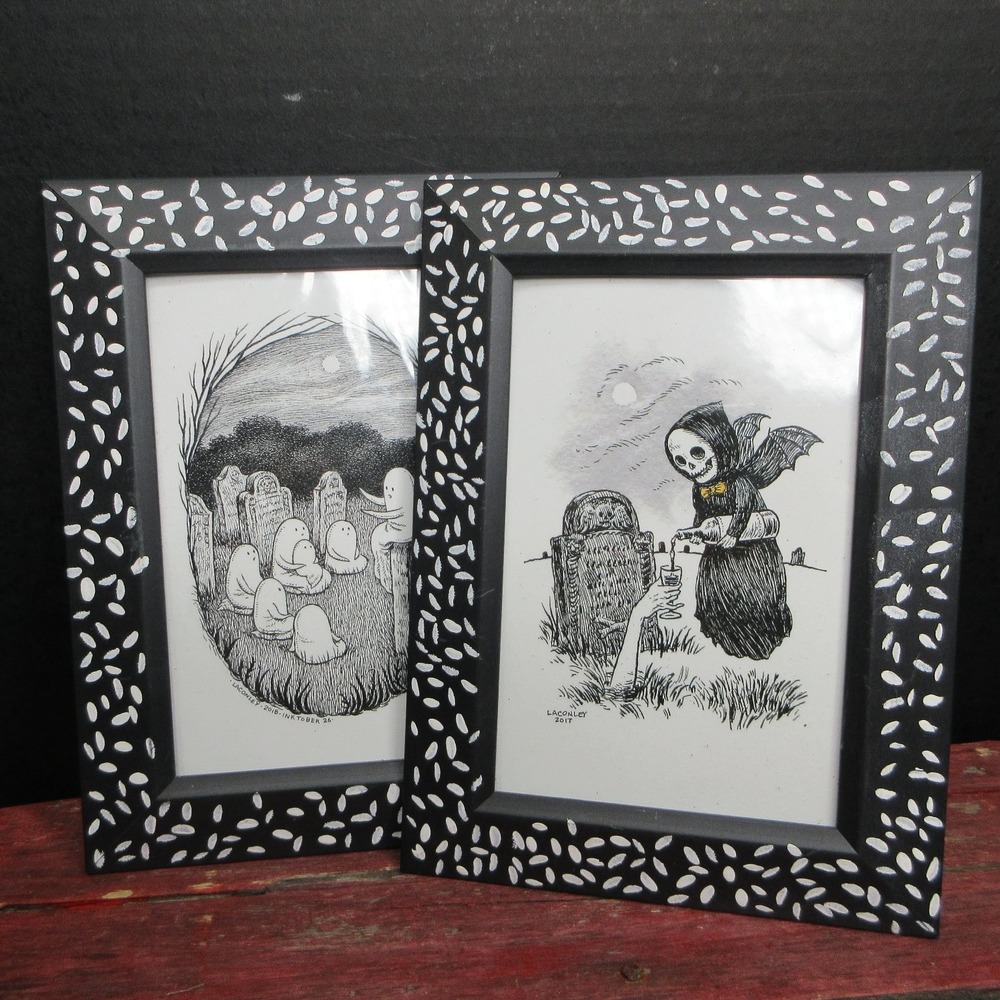 Halloween Ghosts & Grim Reaper Framed Art Prints Set of 2 Spooky Decor